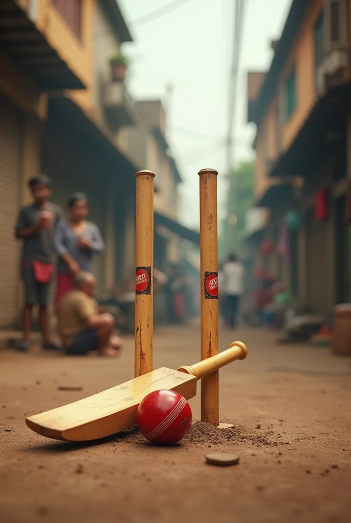 A crickte bat and ball with indian stumps. In a gully cricket
