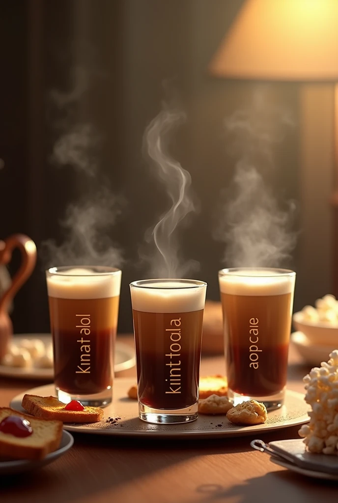 Moccapot brew coffee on to a three-layered cups. Each cup has a name printed on it that exactly says
Kintat-Abol Kintat-Bereka and
Kintat-Tonana.
With full of coffee steam in the air. Toasted bread and jam spread on it. Popcorn with box at the back.