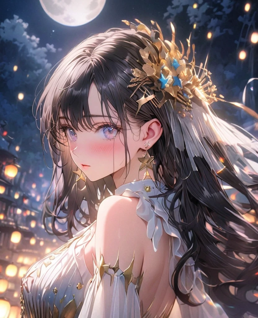 8k,Ephemeral beauty，Very delicate and beautiful,Beautiful and realistic skin,Shiny Hair,Shiny black hair、Long and colorful hair,Beautiful Eyes,Beautiful night sky、full moon、shy、Black ruffled costume、ＮＯhair accessory、Star Pin、Earrings