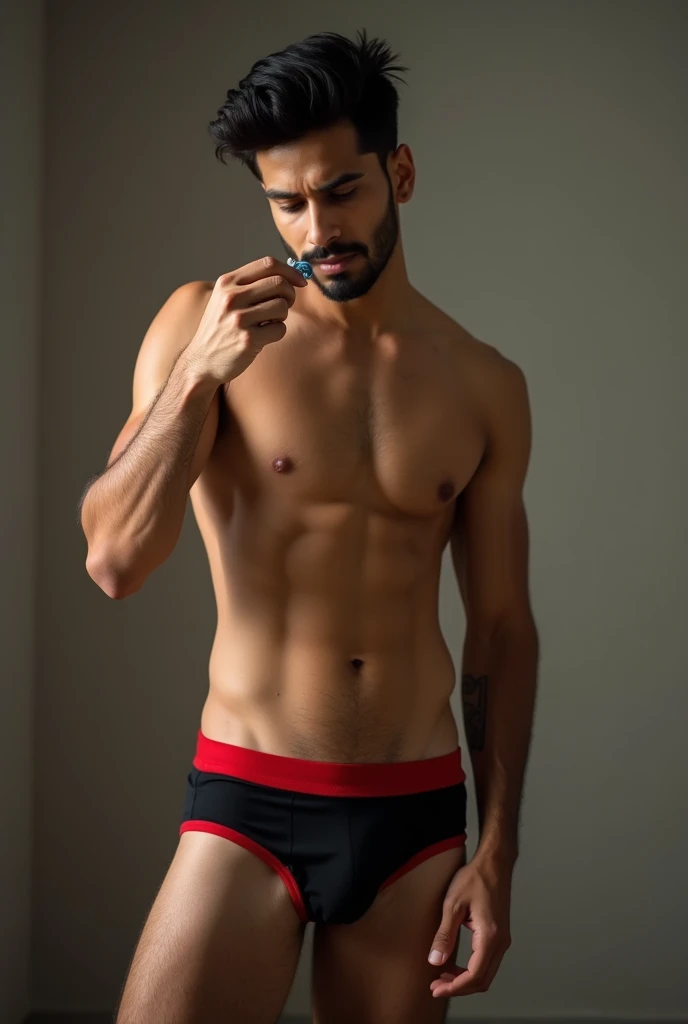 A 28 years Indian boy in  black and red Lux classic company trunk underwear  taking condum  in trunk underwear 