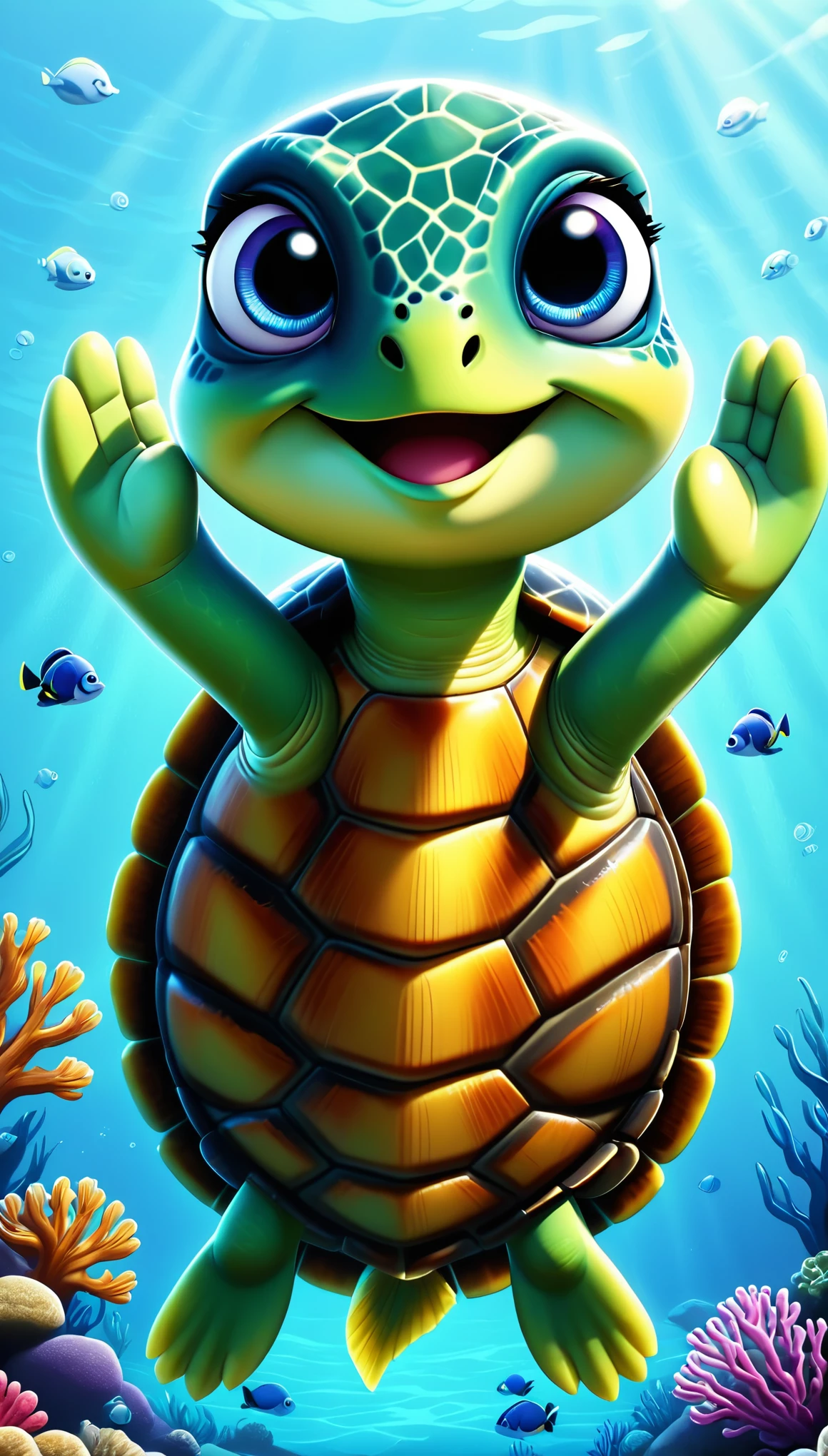 cute turle, cartoon , arms up, hands ,cute eyes, looking at viewer, cute, straight, sea, fish, flawless, detailed