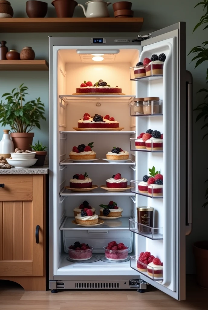 A refrigerator with simple blackberry and gooseberry desserts