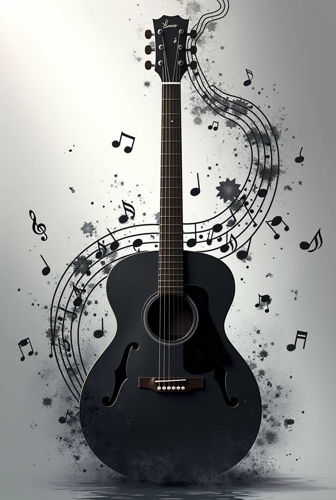 Beautiful notes with a black and white guitar.