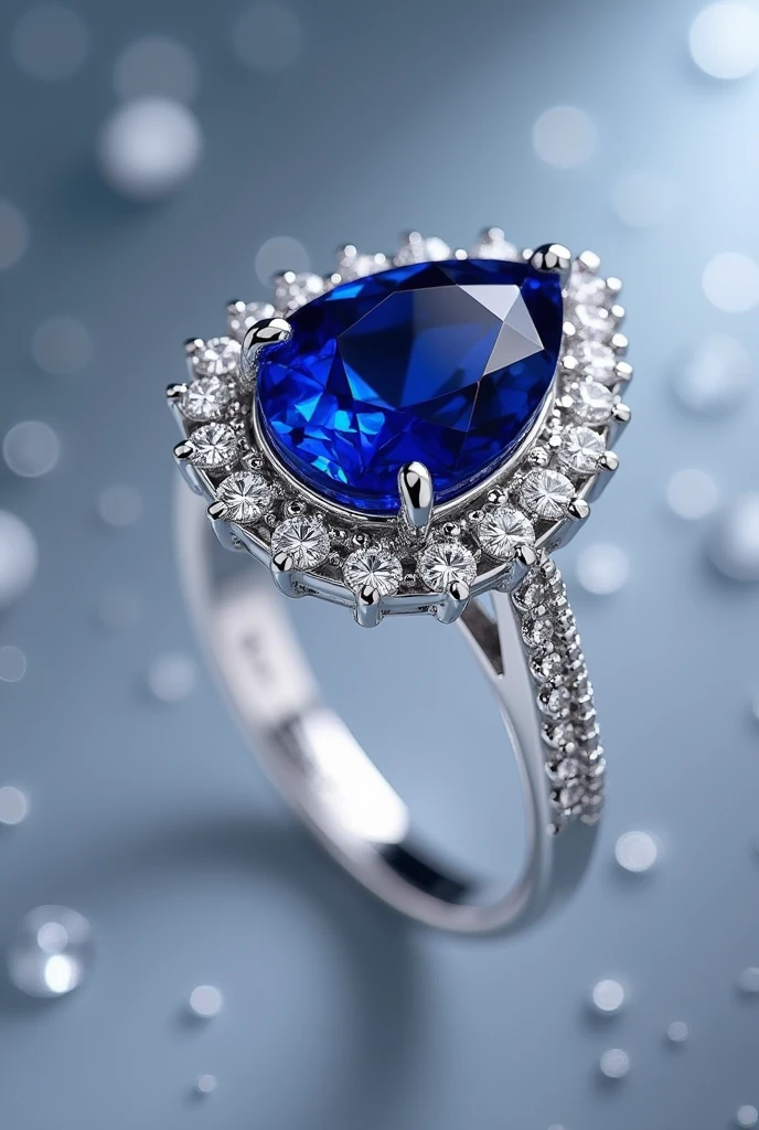 a tulip shaped sapphire ring made of silver with diamonds around it