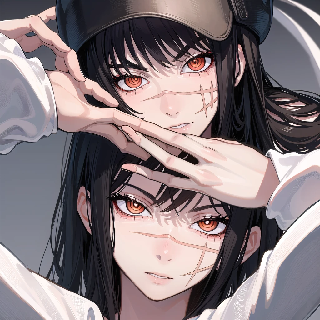 The character’s face should have a youthful, androgynous appearance with a pale, smooth complexion. The face is finely sculpted with sharp, defined features. The character’s expression should be serious and composed, with a subtle smirk that hints at a deeper, confident personality. The eyes are large, with sharp, focused amber irises that almost seem to glow, adding intensity and a sense of calculated intelligence to the character's gaze. The character's gaze is directed forward, locking eyes with the viewer, creating a piercing, intense connection. The character has a distinctive, thin scar that runs horizontally across their right cheek. This scar should be highly detailed, appearing as a slightly raised line, pale against the skin, suggesting it’s an old, healed wound. The scar should be straight and clean, as if made by a sharp blade. It should add a layer of mystery to the character, hinting at a past filled with conflict or danger. The hair is jet-black, straight, and smooth, styled into a sharp, angular bob that frames the face perfectly. The bangs are straight and end just above the eyebrows, with a few loose strands adding realism and motion. The rest of the hair falls to just below the ears, tapering into precise points. The hair should be highly detailed, with individual strands reflecting light subtly, giving it a sleek, shiny texture. Ensure the hair looks soft and well-groomed, complementing the character’s sharp, clean appearance. The character wears a black military-style cap that fits snugly on the head, slightly tilted forward. The cap is deep black with a subtle, glossy finish, and it should bear a small, stylized skull emblem at the front, replacing any offensive symbols. The cap's brim casts a small shadow over the upper part of the face, enhancing the character's mysterious and intense expression. The character is dressed in a dark, SS-style military uniform, similar to Nazi Germany's but with all offensive symbols replaced by a stylized skull