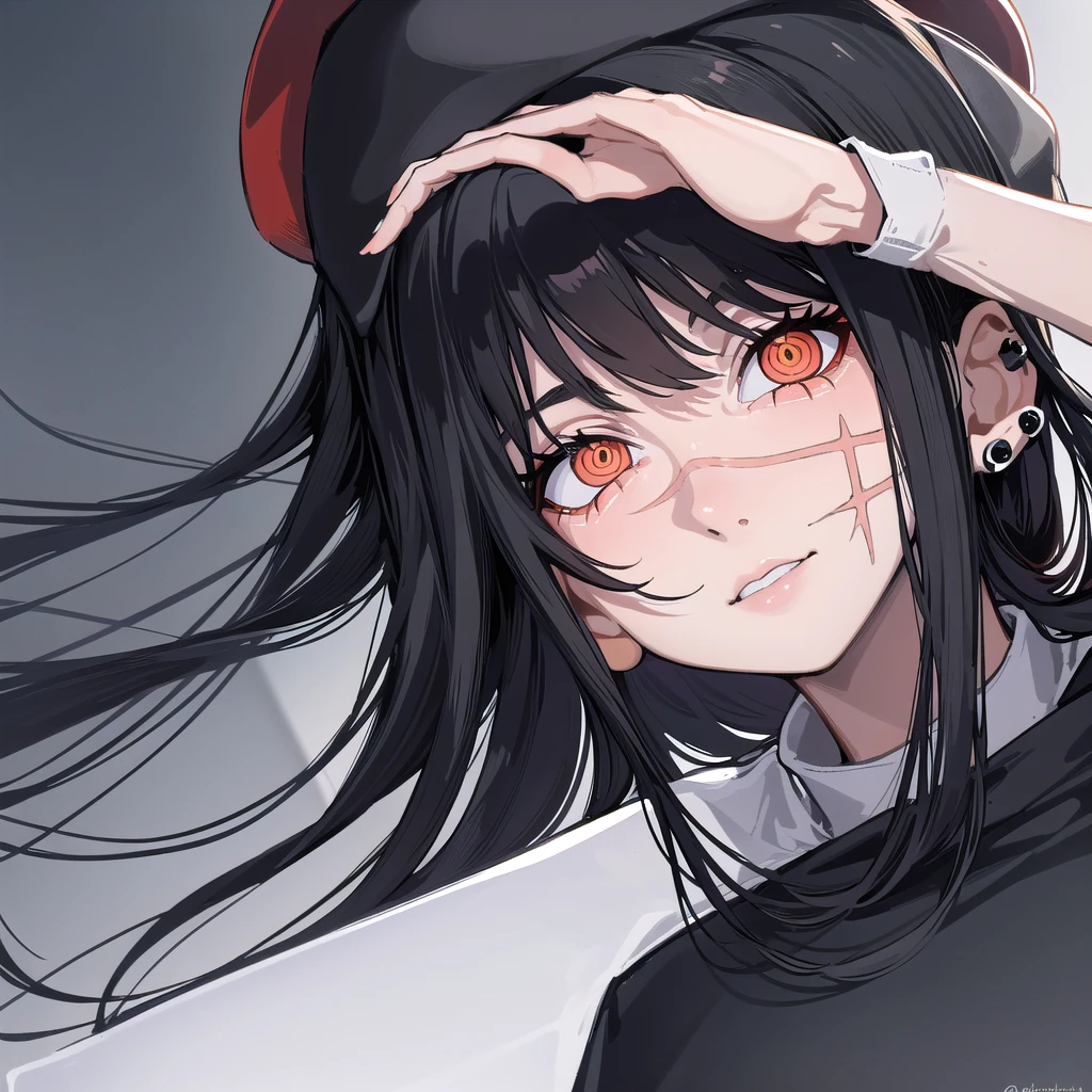 The character’s face should have a youthful, androgynous appearance with a pale, smooth complexion. The face is finely sculpted with sharp, defined features. The character’s expression should be serious and composed, with a subtle smirk that hints at a deeper, confident personality. The eyes are large, with sharp, focused amber irises that almost seem to glow, adding intensity and a sense of calculated intelligence to the character's gaze. The character's gaze is directed forward, locking eyes with the viewer, creating a piercing, intense connection. The character has a distinctive, thin scar that runs horizontally across their right cheek. This scar should be highly detailed, appearing as a slightly raised line, pale against the skin, suggesting it’s an old, healed wound. The scar should be straight and clean, as if made by a sharp blade. It should add a layer of mystery to the character, hinting at a past filled with conflict or danger. The hair is jet-black, straight, and smooth, styled into a sharp, angular bob that frames the face perfectly. The bangs are straight and end just above the eyebrows, with a few loose strands adding realism and motion. The rest of the hair falls to just below the ears, tapering into precise points. The hair should be highly detailed, with individual strands reflecting light subtly, giving it a sleek, shiny texture. Ensure the hair looks soft and well-groomed, complementing the character’s sharp, clean appearance. The character wears a black military-style cap that fits snugly on the head, slightly tilted forward. The cap is deep black with a subtle, glossy finish, and it should bear a small, stylized skull emblem at the front, replacing any offensive symbols. The cap's brim casts a small shadow over the upper part of the face, enhancing the character's mysterious and intense expression. The character is dressed in a dark, SS-style military uniform, similar to Nazi Germany's but with all offensive symbols replaced by a stylized skull