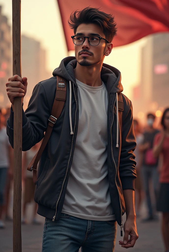 A young man with the hood of his hoodie with a zip and a white T shirt holding a banner in a revolution. Wearing a ray bin Glasses. A blue jeans. He looking at the camera. He is holding the banner in a revolution