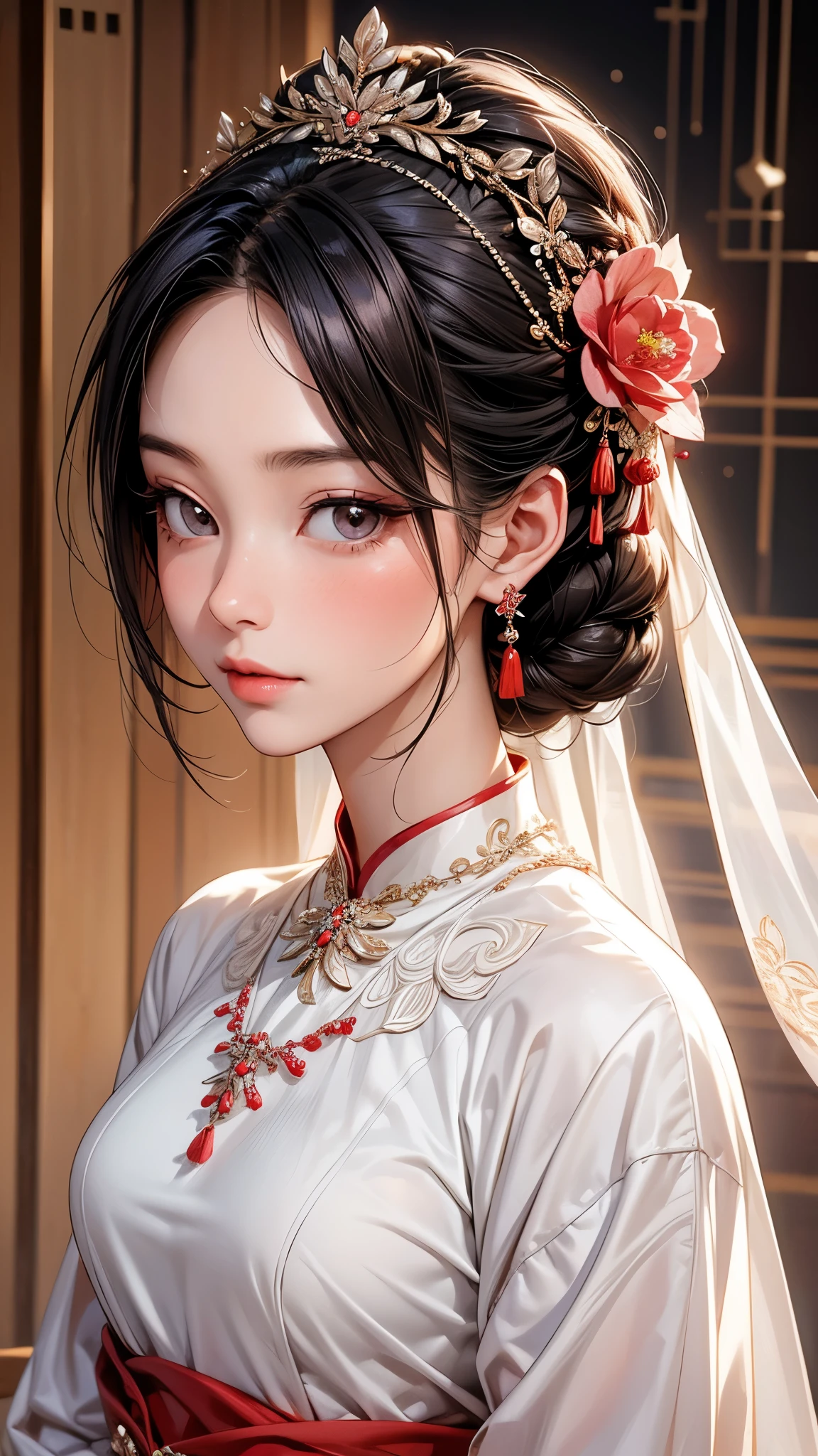 best qualityer, work of art, 1 girl,Chinese Wedding Dress,hair ornament,necklase, jewerly,beautiful face, blush, looking ahead at viewer