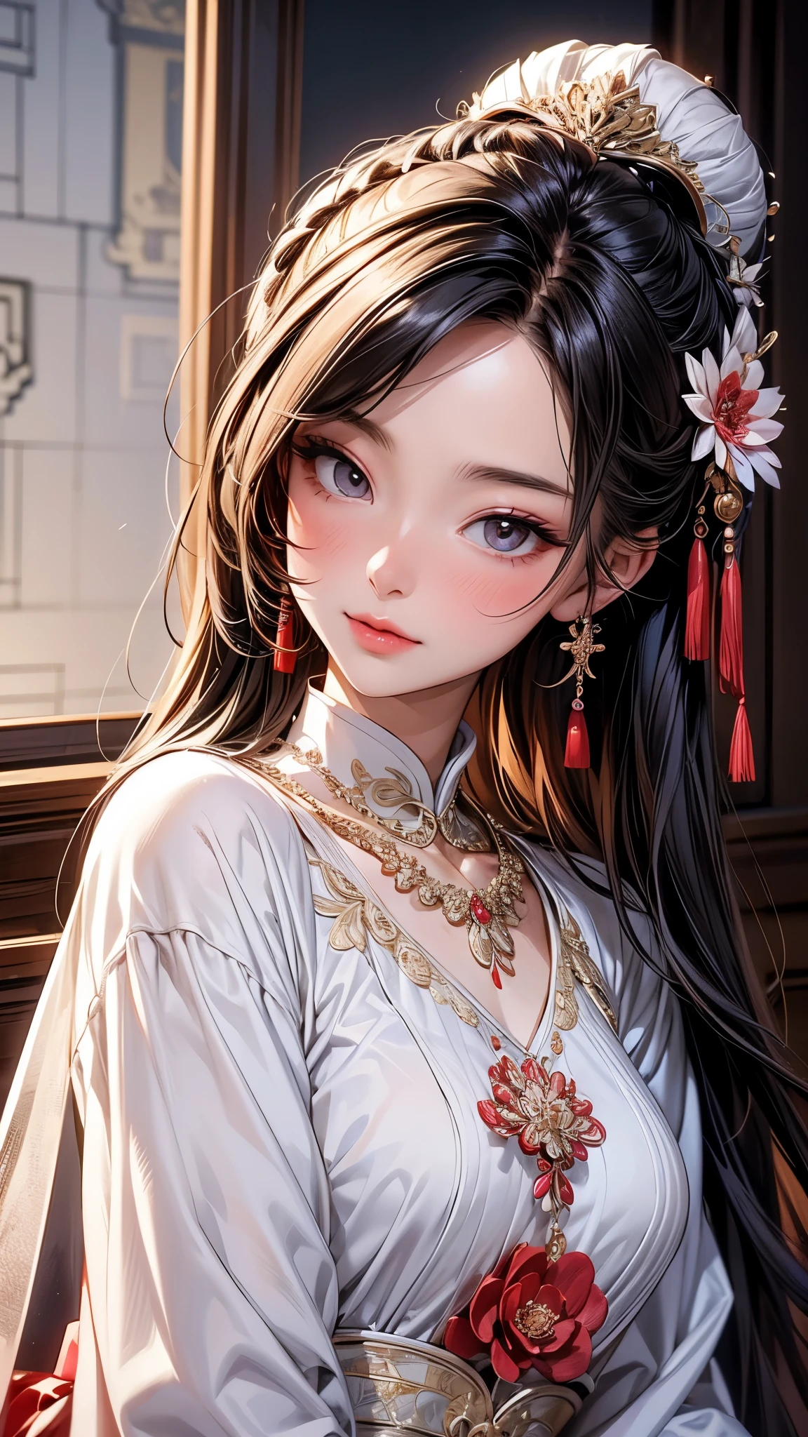 best qualityer, work of art, 1 girl,Chinese Wedding Dress,hair ornament,necklase, jewerly,beautiful  face, blush, looking ahead at viewer 