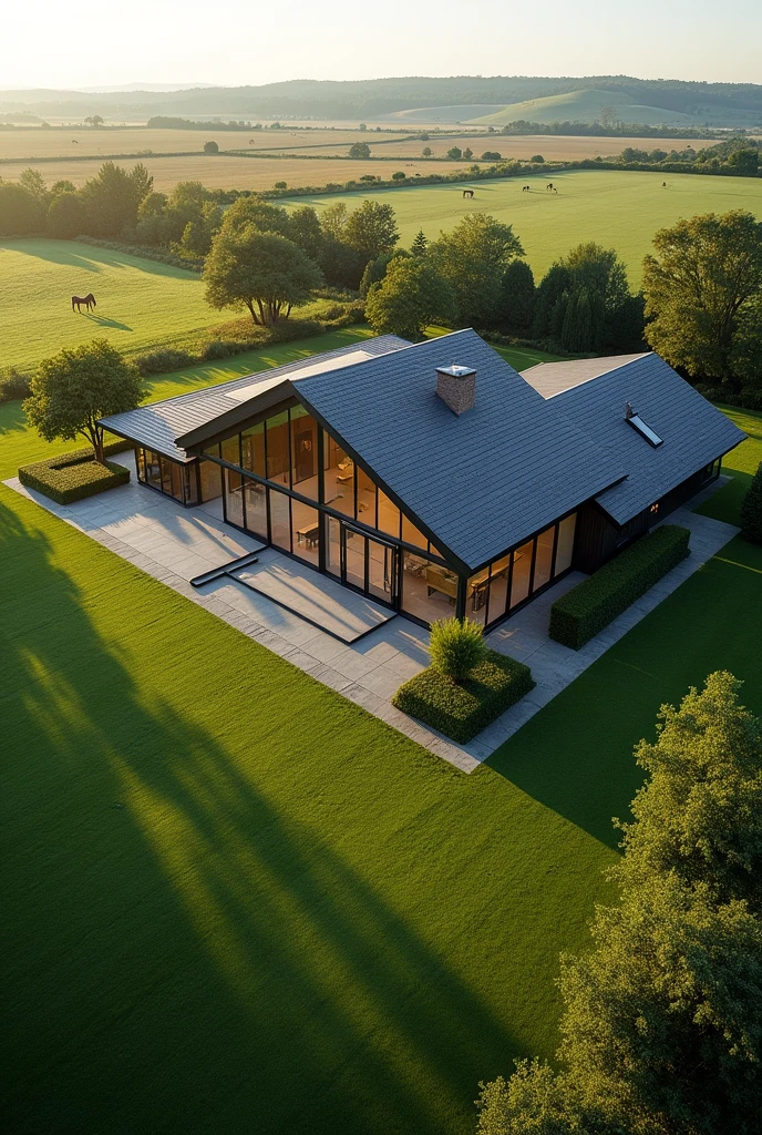 A villa on a very large plot. From a bird's eye view. With larger windows and in country style. More lawn and even larger windows. Isolated from the outside world with fewer trees and horse paddocks. Die Villa ist ein modernes old villa country house