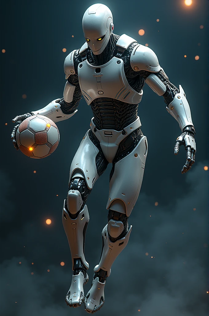 An alien soccer player, big, half alien, half robot.  Holding a soccer ball in space