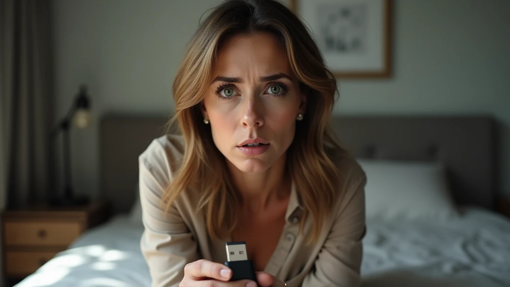 An ultra-realistic portrait of a woman in her 40s, with light brown hair and expressive eyes that reflect surprise and tension. Her face shows signs of concern and discovery. She is wearing a neutral-colored blouse. The portrait should be from the waist up.

The woman is in a bedroom, holding a USB stick in her hand. The environment should include elements such as a bed and an open drawer, but should be blurred so as not to distract from the main subject.

The lighting should be soft and natural, with morning light coming from a window, creating subtle shadows that accentuate the woman's expression of surprise. The light should highlight the eyes and the texture of the skin, emphasizing the seriousness of the situation.

The image should convey a sense of discovery and tension, with a touch of urgency. Suggest a neutral color palette, such as grays and browns, that complements the atmosphere of the morning.

The photo should be of high quality, with 8k rendering and extreme detail, capturing the emotional essence of the moment.
