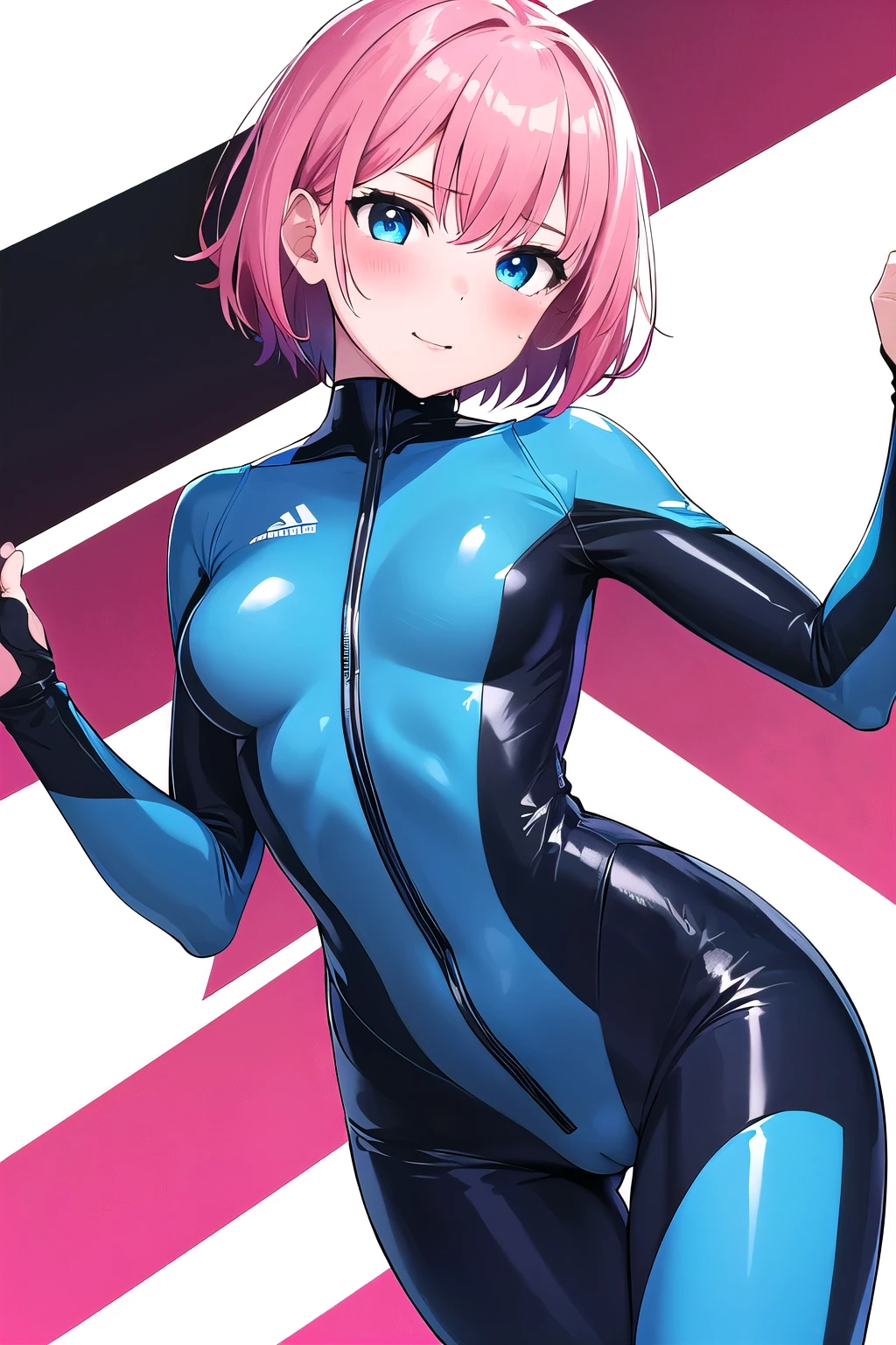 girl,boyish, very short hair, pink Hair, medium Breasts, glossy tight zero suit,Cowboy Shot,blush,sexy face,blue eyes,front leg pose,Tight fit,clearly,Striped pattern, (white background:1.3), aroused face