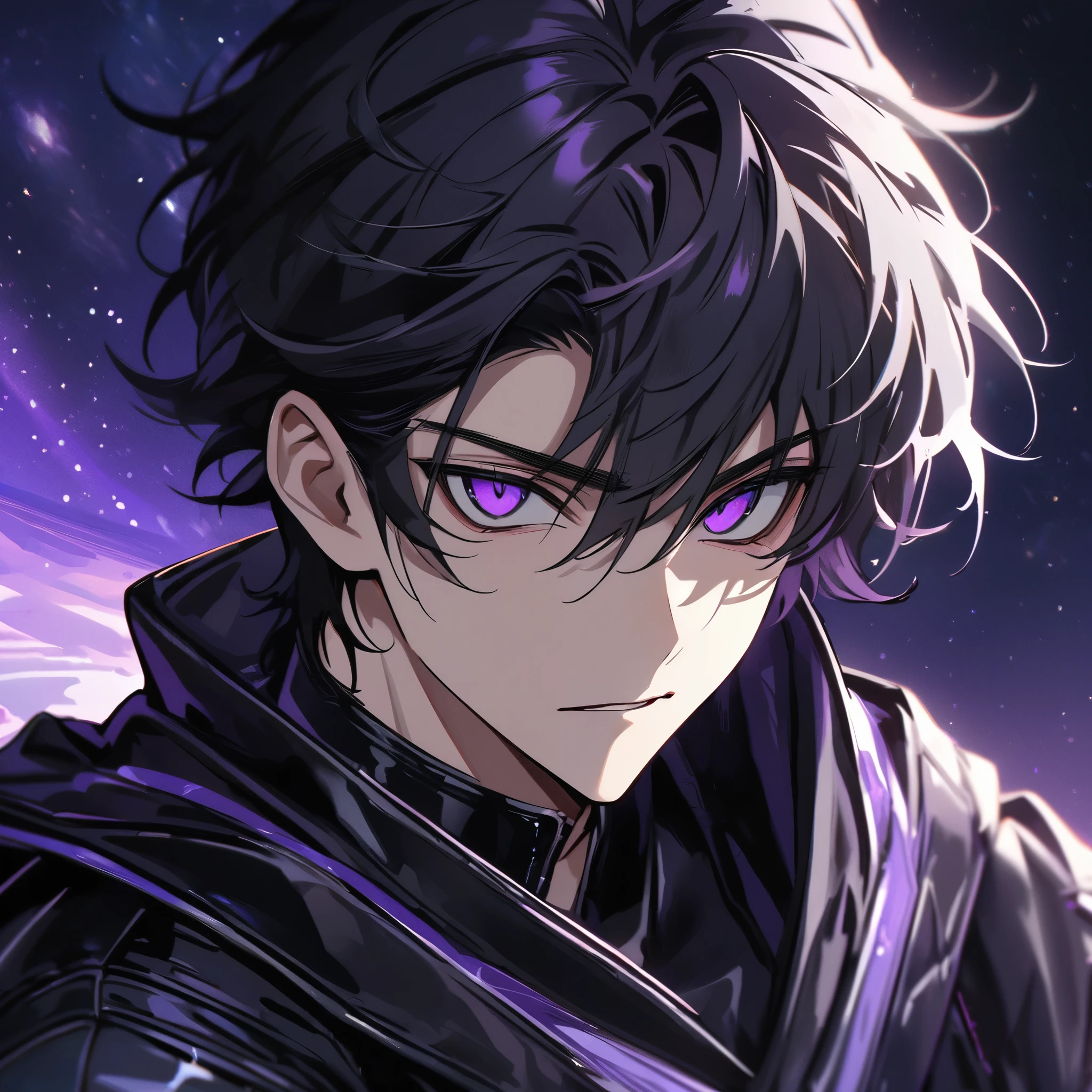 High quality, HD, 4k, no shadows, handsome male, handsome, extremly handsome, 1male, 1 male, , pure black hair, short black hair, dark hair, black hair, jet black hair, sharp eyes, deep purple colored eyes, dark purple colored eyes, deep violet eyes, violet eyes, devil may cry, close up, calm expression, stoic expression, black leather clothes, black leather clothing, leather clothing, lean body, well trained body, upper body, looking at viewer, cowboy shot, white solar, space background