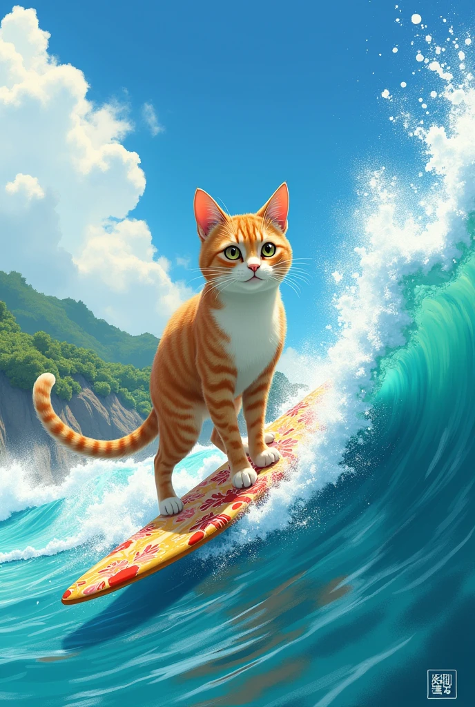 Generate a surfing cat in Ghibli style