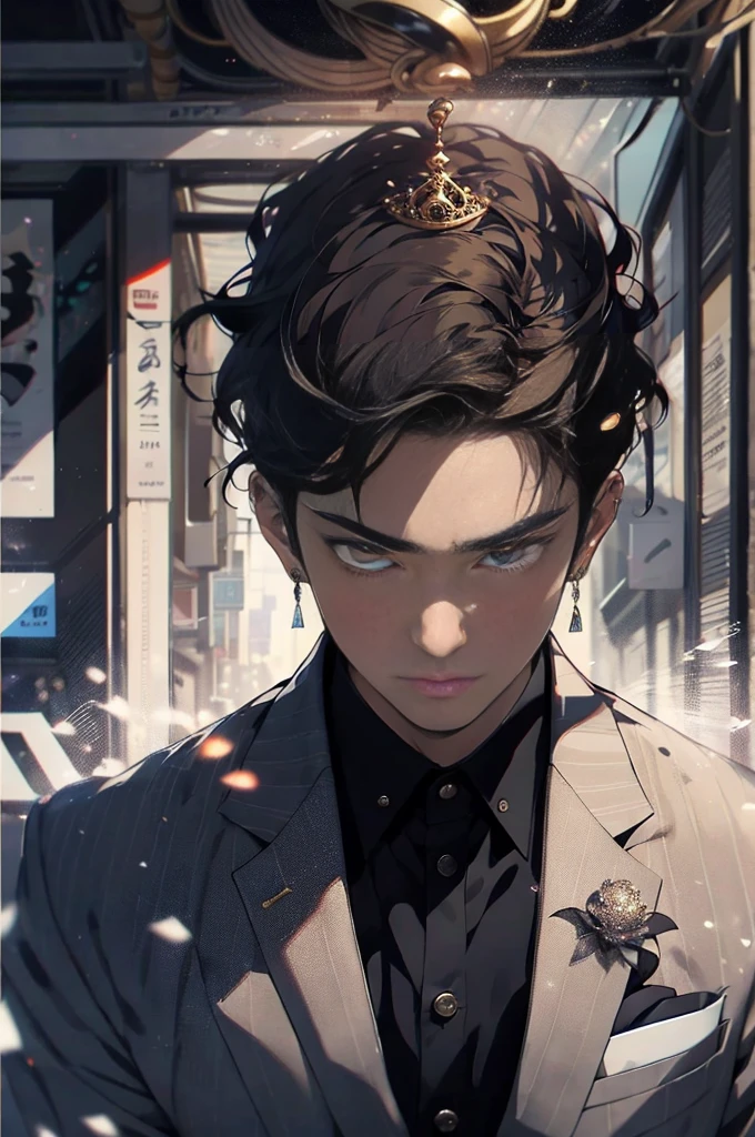 Realistic, (masterpiece, high quality, best quality, formal art), very detailed, colorful, most detailed, gods, short,, handsome man, black hair, brown eyes, business background, milky white skin.