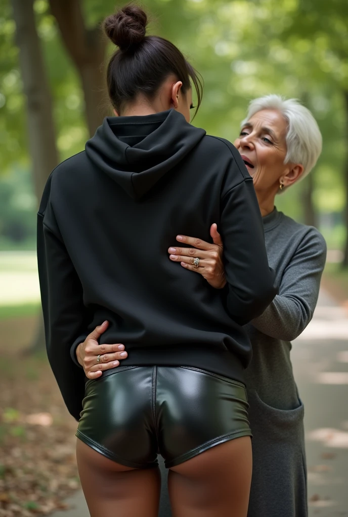 black woman hair in a bun black hoodie black leather short shorts bending over getting fucked in the ass by a old ugly woman in a dress in a park