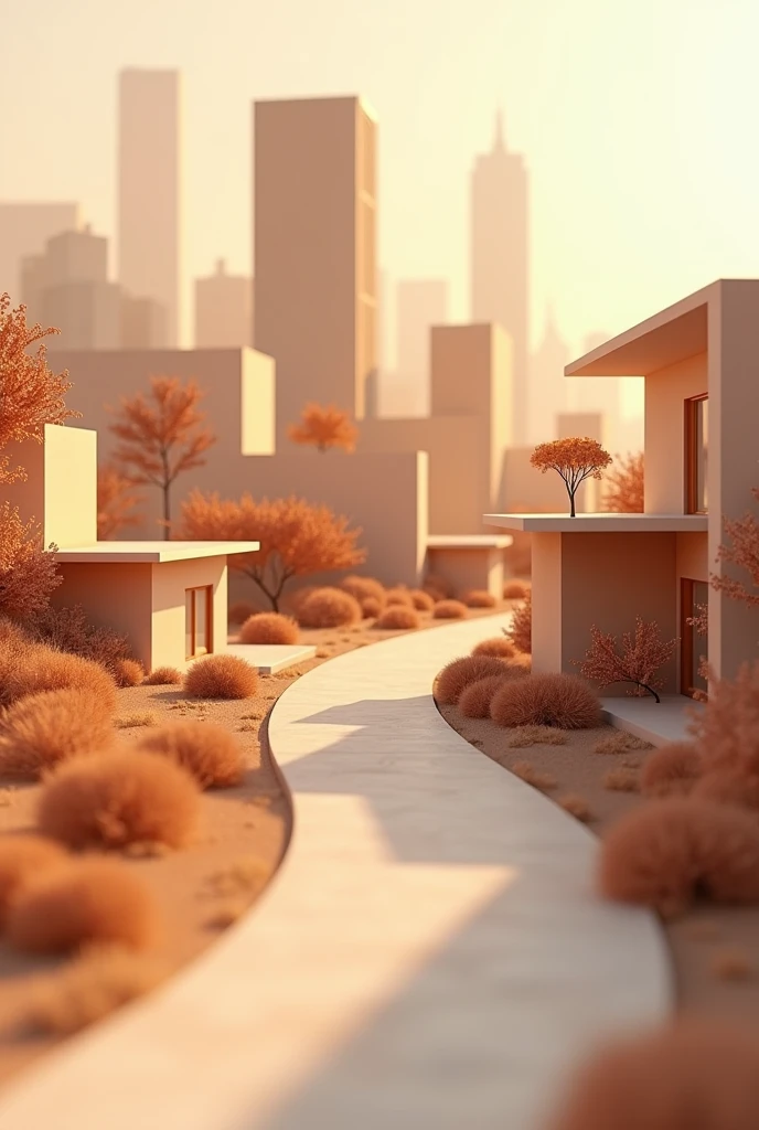Q-version city，Three-dimensional model，modern city，Simplicity，There is a road，3/4 sides，Overall Brown Jakarta, Ultra HD