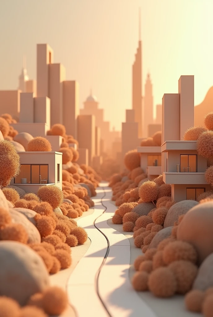 Q-version city,Three-dimensional model,modern city,Simplicity,There is a road,3/4 sides,Overall Brown Jakarta, Ultra HD
