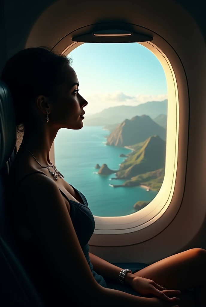 The silhouette of an elegant woman looking out the window of an airplane at the view of Hawaii