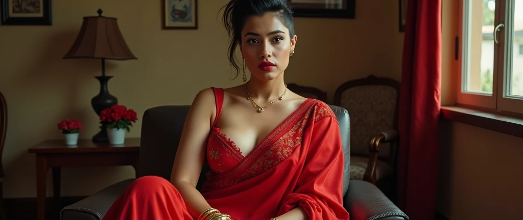 A full-body portrait of wolf cut hairstyle erotic hindu wife, sitting on chair, front facing, 4K, wide angle camera view, super realistic, huge breast, super big fake lips red lipstick super hot sexy tight figure delicious body red saree bra sexy body, full body