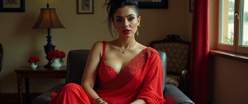 A full-body portrait of wolf cut hairstyle erotic hindu wife, sitting on chair, front facing, 4K, wide angle camera view, super realistic, huge breast, super big fake lips red lipstick super hot sexy tight figure delicious body red saree bra sexy body, full body