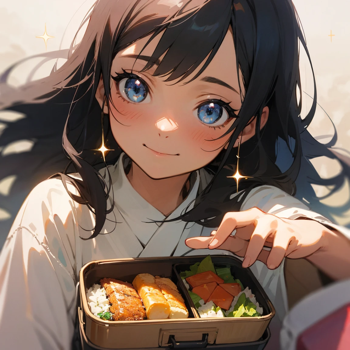 Illustrations for children's picture books,realistic, detailed illustration,A magical moment capturing  Aya with long black hair taking her first bite of the special bento. As she eats, a translucent, gentle image of her mother's smiling face appears around her like a warm, glowing aura. Aya's expression is transforming from sadness to joy, her eyes widening with wonder and her mouth curving into a smile. Sparkles of light emanate from the bento, surrounding Aya and intermingling with the illusion of her mother. The background fades into a soft, dreamy blur, emphasizing the emotional impact of the moment, (focus on lunch box:1.2)., hand-painted style, digital art touch,(illustration:1.5), (Watercolor:1,2)