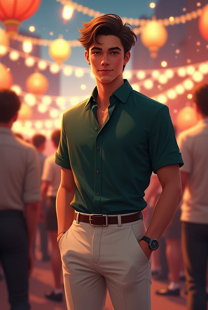 Teen boy wearing white formal pant and short with shourt dark green in party