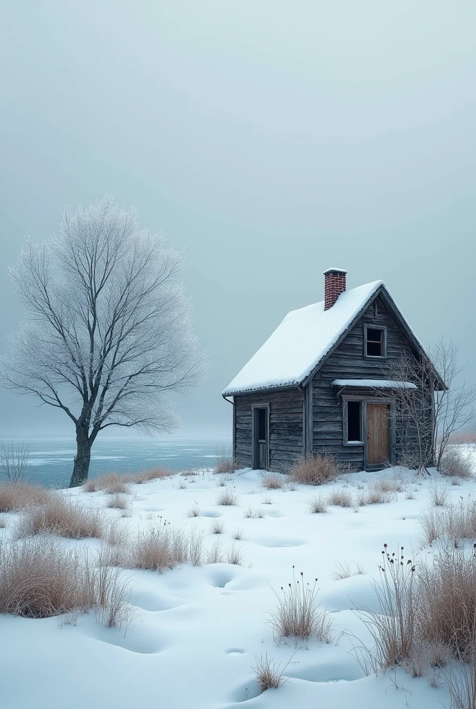 Retired house snowing with ice and a tree and a lake