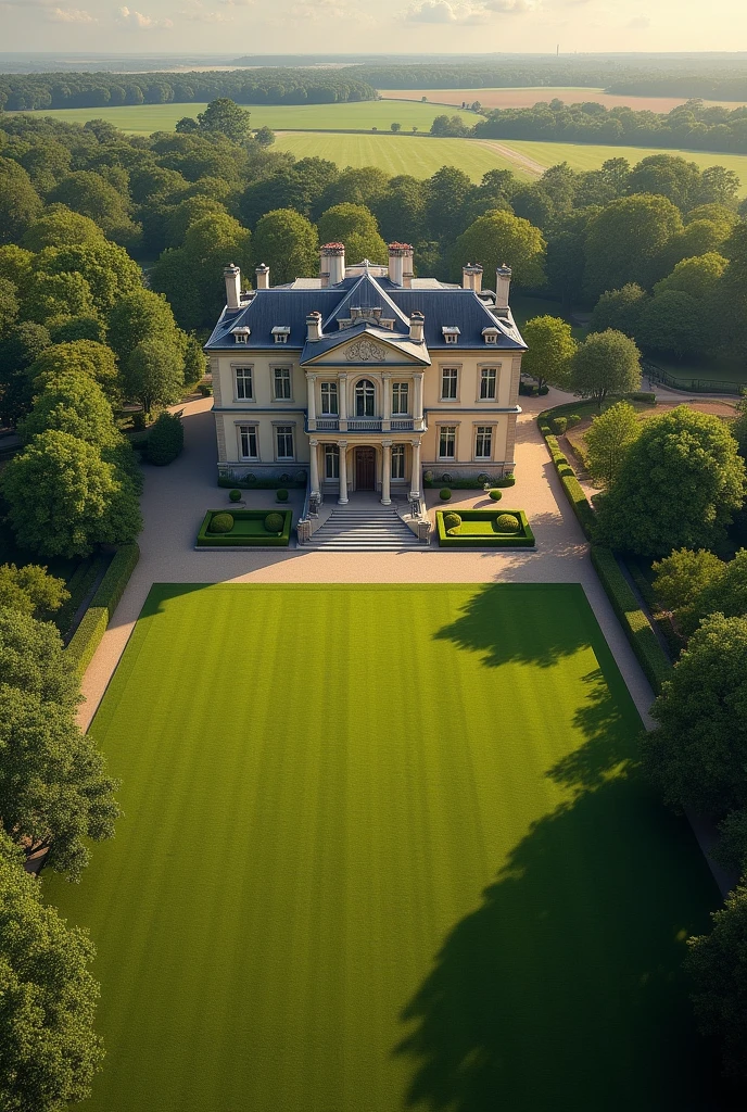 A villa on a very large plot. From a bird's eye view. With larger windows and in country style. More lawn and even larger windows. Isolated from the outside world with fewer trees and horse paddocks. Die Villa im old money fashion style mit ein bisschen Country