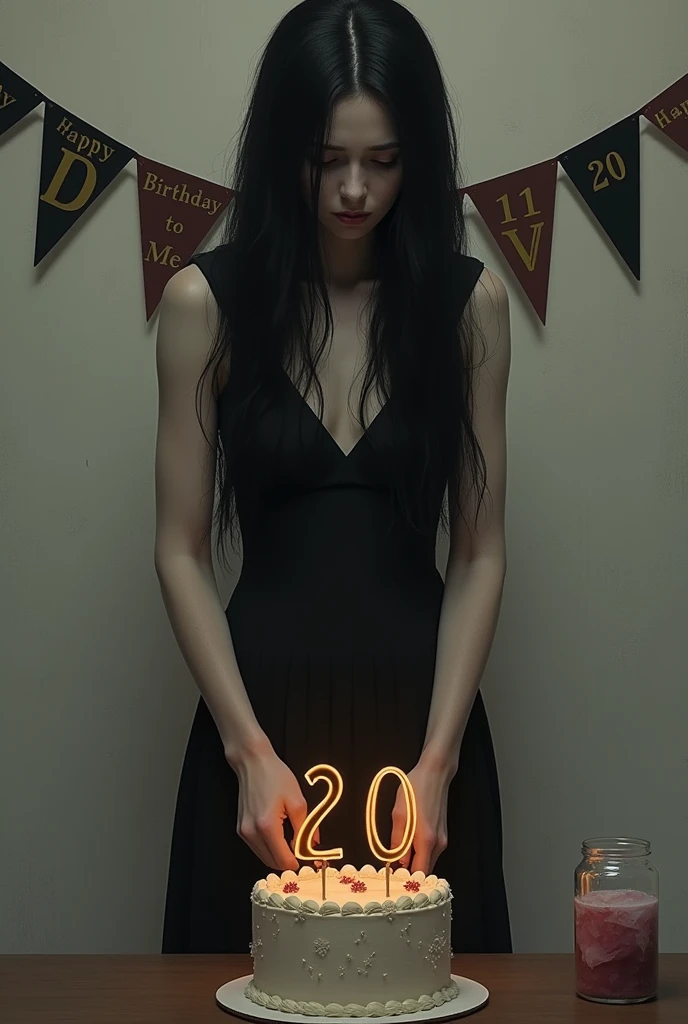 The women celebrate his birthday (alone) and his cutting his birthday cake alone with knife and on the cake 20 letter number candle and his face full of sadness and his background banner like a"happy birthday to me" and his waring a black dress with long hair