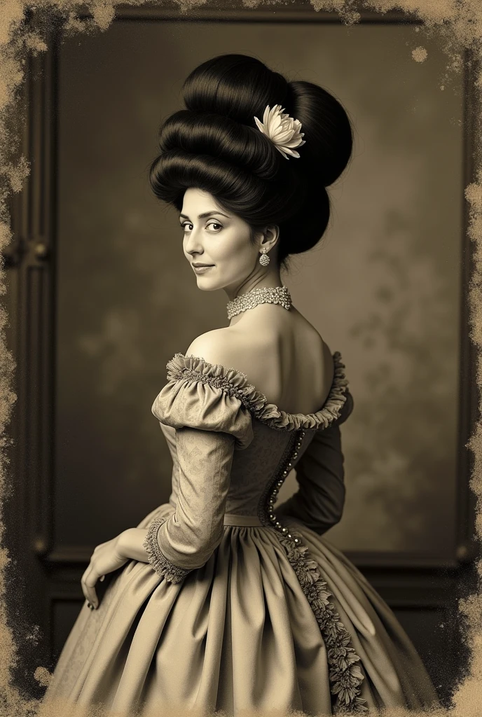 VeronicaCipher studio portrait, Victorian Woman, Wearing a high-collared Victorian gown,huge hairbun , ((very big hair Bun)),((the size of hair Bun is 6 time size of her head)),((round hairbun)), satin, Jacquard, 1800s, analog, granular, Dust, scratch, Blurred, Daguerreo Type, Gelatin Silver, Collodion_photograph, Sepia (Realistic:1.6) , looking back over shoulder,smile , flower on hair,vintage Picture frame
