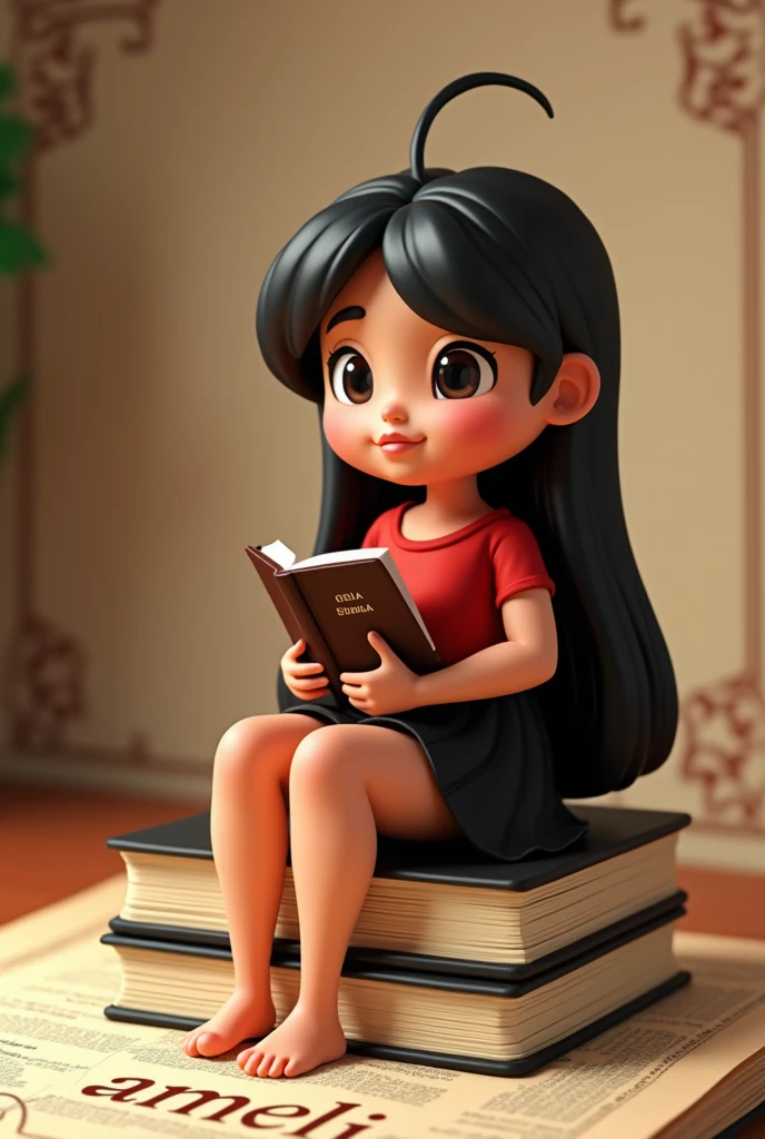Comando: Create a 3D illustration of an animated Brazilian character sitting casually on top of "textbooks". The character must wear a red shirt, a black skirt, long, straight black hair, brunette skin, slightly slanted eyes, chubby, and holding a Bible. The background of the image is a beautiful page with the username "Amelia".