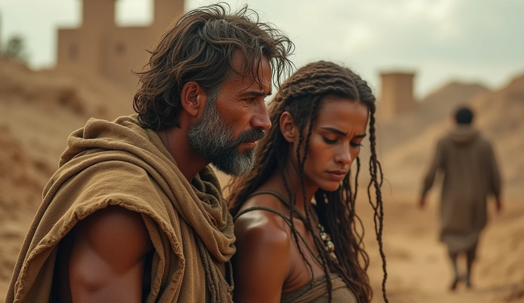 A highly realistic scene portraying Caim and his wife in the unforgiving land of Nod. The barren landscape reflects their internal and external struggles as they work together to build the city of Enoch. Cain's face shows deep regret and weariness, while his wife looks determined and supportive. The construction of the city is depicted with detailed stonework, representing their hope for a new future despite the painful past.