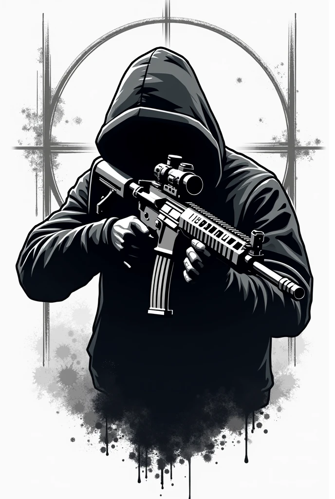 "tryhard" gamer to be featured on a t-shirt. Focus on a sleek silhouette of a gamer holding a weapon, such as a rifle or aiming down sights, with sharp, angular lines that suggest focus and intensity. Incorporate subtle elements like crosshairs or a reticle in the background to enhance the FPS theme. The design should be clean and bold, with minimal details, using a monochrome or limited color palette, while conveying the serious, competitive nature of a "tryhard" FPS player.