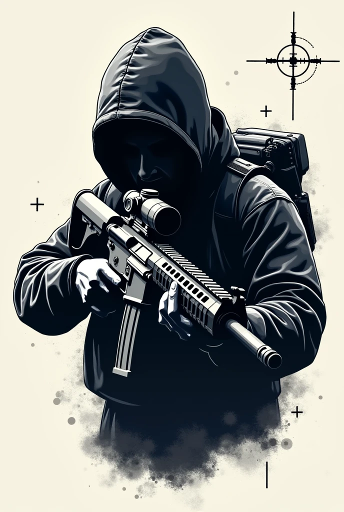 "tryhard" gamer to be featured on a t-shirt. Focus on a sleek silhouette of a gamer holding a weapon, such as a rifle or aiming down sights, with sharp, angular lines that suggest focus and intensity. Incorporate subtle elements like crosshairs or a reticle in the background to enhance the FPS theme. The design should be clean and bold, with minimal details, using a monochrome or limited color palette, while conveying the serious, competitive nature of a "tryhard" FPS player.