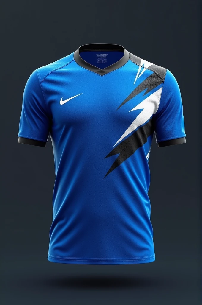 "Create an extraordinary football shirt using blue colors, white and black, highlighting a bold and refined stripe pattern. Blue should be the predominant color, with white and black stripes that provide a striking and dynamic contrast. Design must combine innovation and elegance, with stripes arranged to accentuate the athletic shape and ensure an imposing appearance on the field. Prioritize a construction that combines bold aesthetics and superior performance, making this the most impressive and memorable shirt our brand has ever produced."