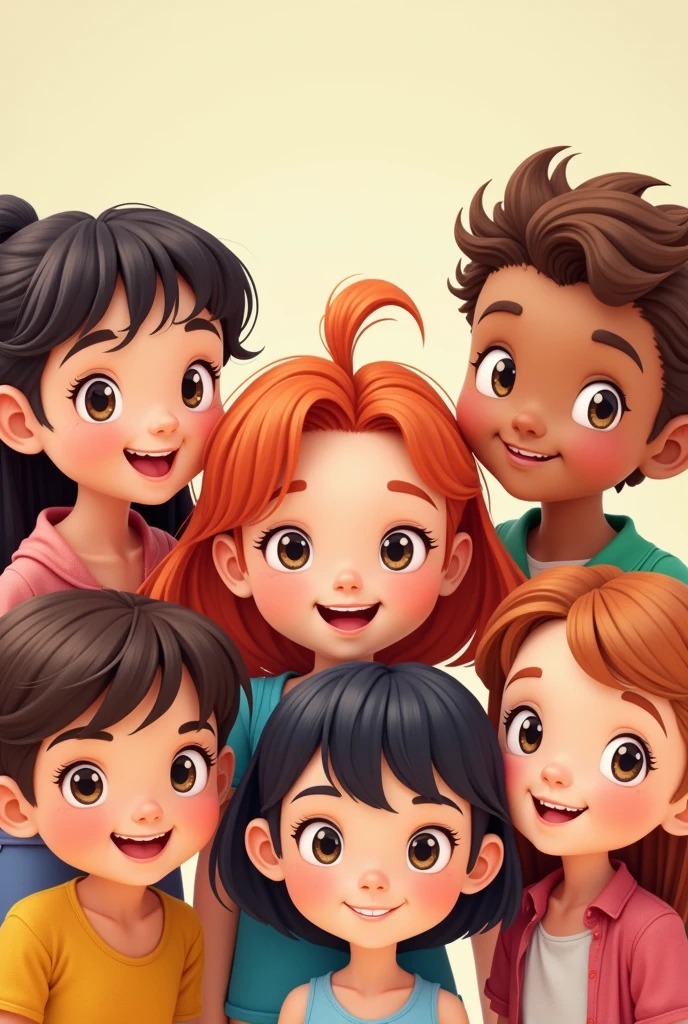 I need the cover of a magazine in which some super happy animated children appear. Keep in mind that it is letter size and that I am going to add a title., but leave a space for the title the children are approximately between 7 and , Not so smiley, that is, yes, they smile but not too much and it should be cute, it should be realistic. 

 

 