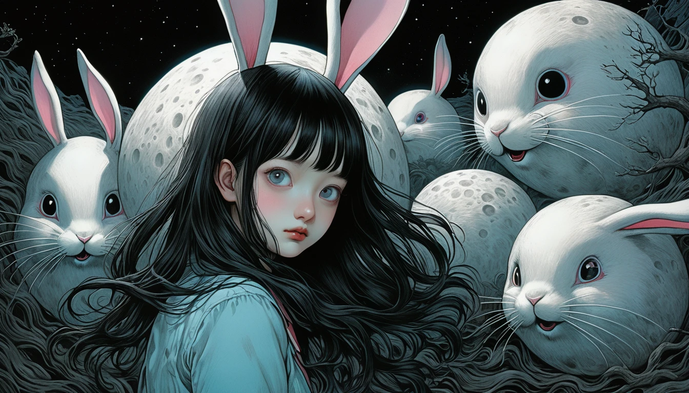 An illustration、art、Horror, Supervised by Junji Ito、Attention to detail, Realistic shadows、Analog Style, chromatic aberration, Surrealism、Rabbit on the Moon