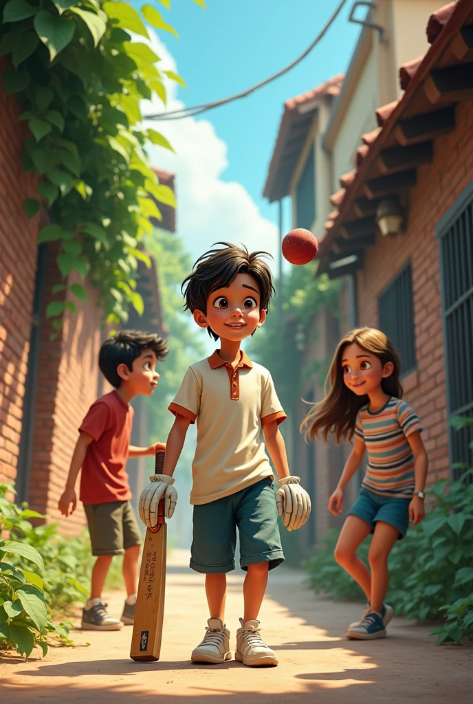 A 16 year boy with bat and ball in gully. Playing with friends
