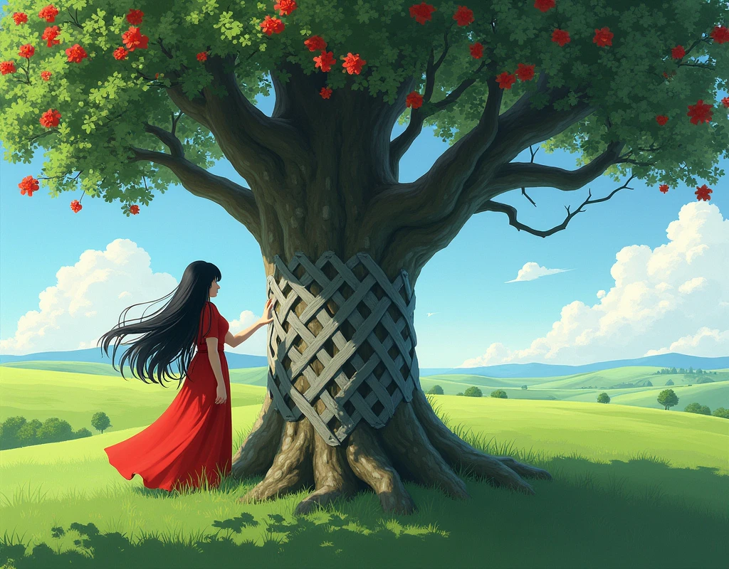 A landscape of a large tree with gray lattice and lush red flowers on a green lawn in the background an endless green field we see in the distance a woman with long black hair that flies in the wind standing touching the tree with her outstretched arm she wears a simple long red dress that also flies in the wind the image is realistic and well detailed 