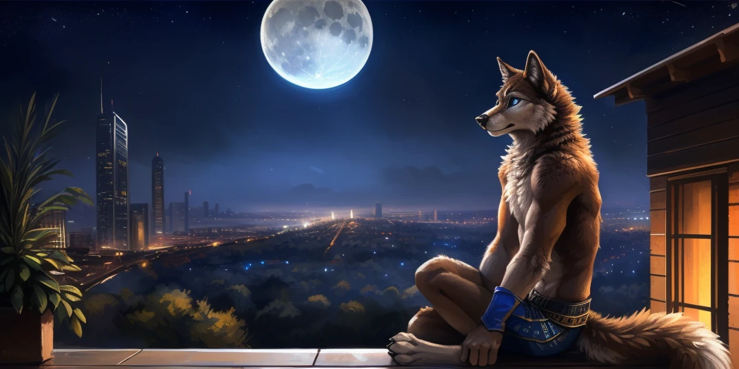 ((Solo)), male people, anthro wolf, (Multi-colored fur, White-brown:1.3), ((Wolf face, Big eyes, White eyelids, Blue pupil, Slim:1.2) (Tough, Calm expression:1.2)), (Height 2.1 meters,Tail length 1.5m), Abs, Slim, pinging, (Correct anatomy), (Contour bone:1.2), The upper body is naked, (detailed outfits), a long large tail,Feet,(Realistic fur, Detailed fur texture, labeled:1.3)), (Natural lighting), Photorealistic, Hyperrealistic, ultradetailed, by Kenket,In the modern city,Roof,the night,Sit alone,Look at the full moon,It was dark,Starry