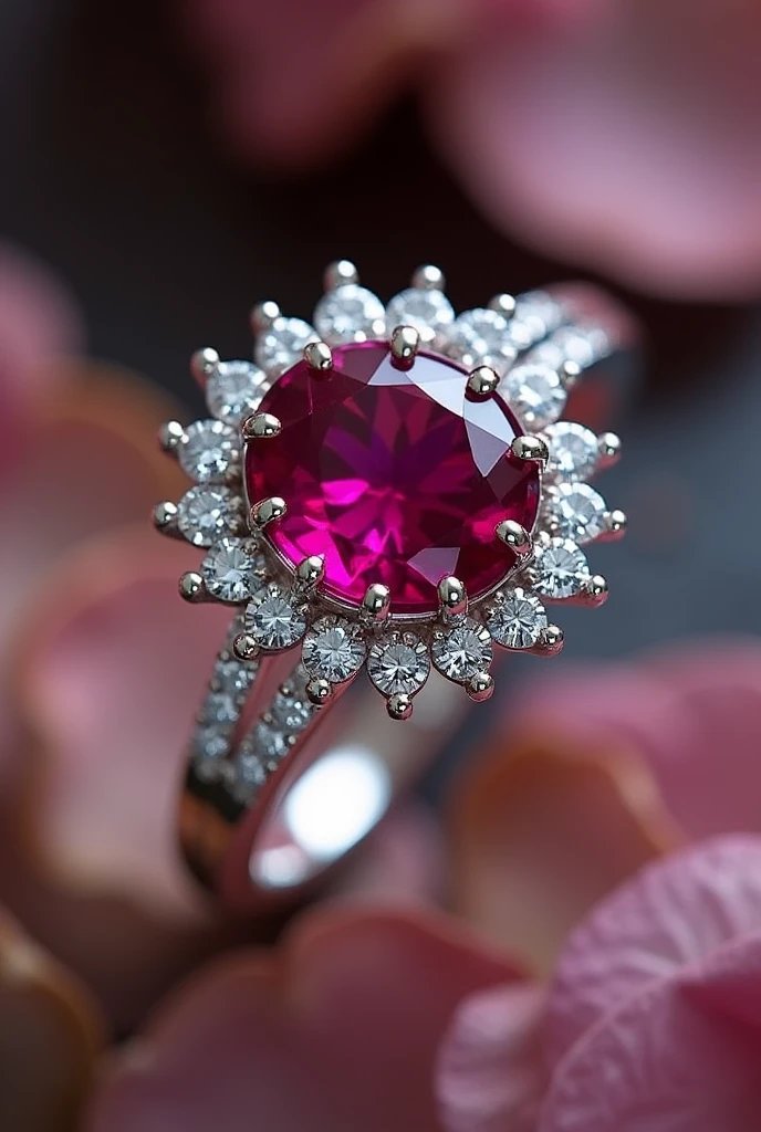 a ruby tulip-shaped ring made of silver with diamonds around it