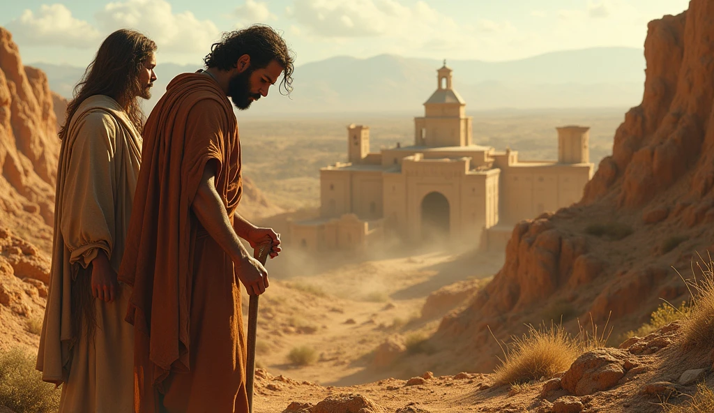 An ancient biblical scene featuring Cain and his wife in the land of Nod, an arid and desolate region where they live as outcasts. The image captures the couple working together to build the city of Enoch, with Cain's sorrowful face and his wife's strong, resilient expression. The harsh environment contrasts with the hopeful act of building, symbolizing their desire to create a new beginning for themselves and their descendants.