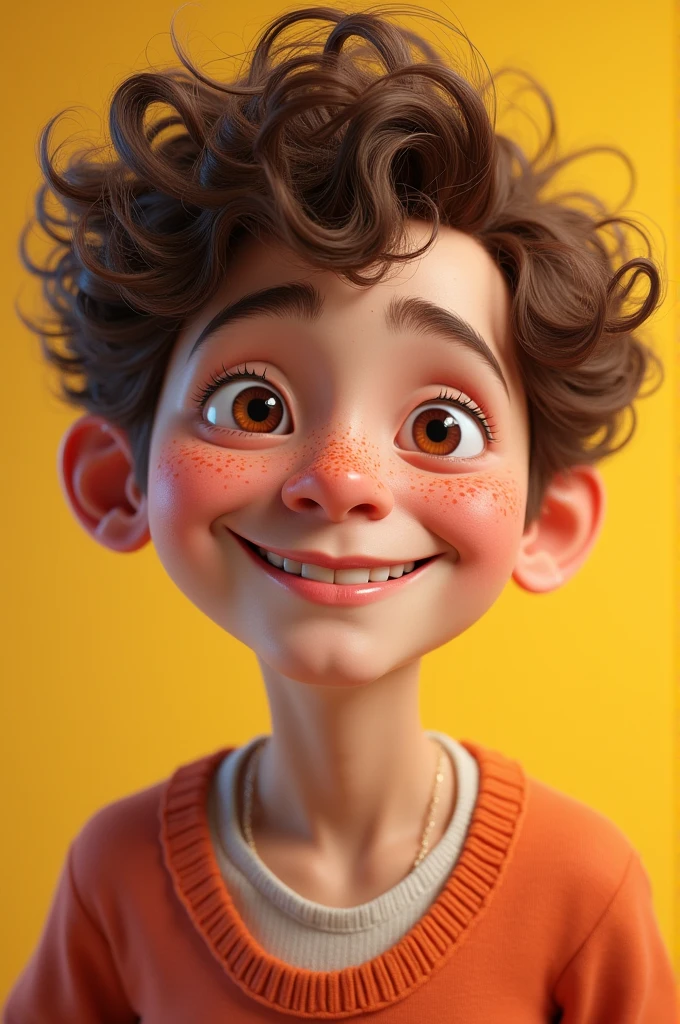 A WHITE, with freckles, extroverted, very short curly brown hair.
