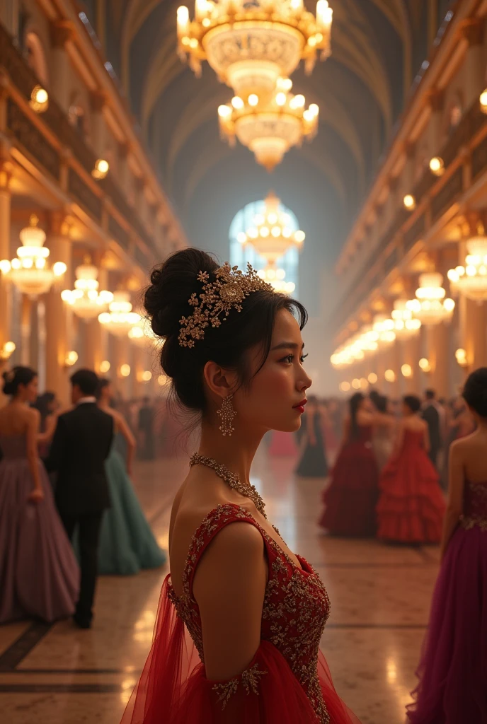 A Beautiful Asian Teenager , inside a castle in the middle of a costumed masquerade ball 
