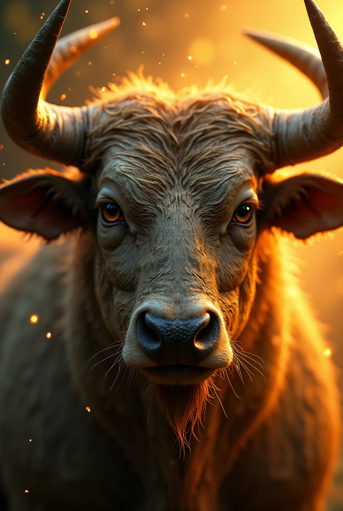 Photos with animals filling the entire screen in front of the image,Fantastic fantasy,Glowing in gold,Moody Color,Golden glitter background,Close-up of face,ox