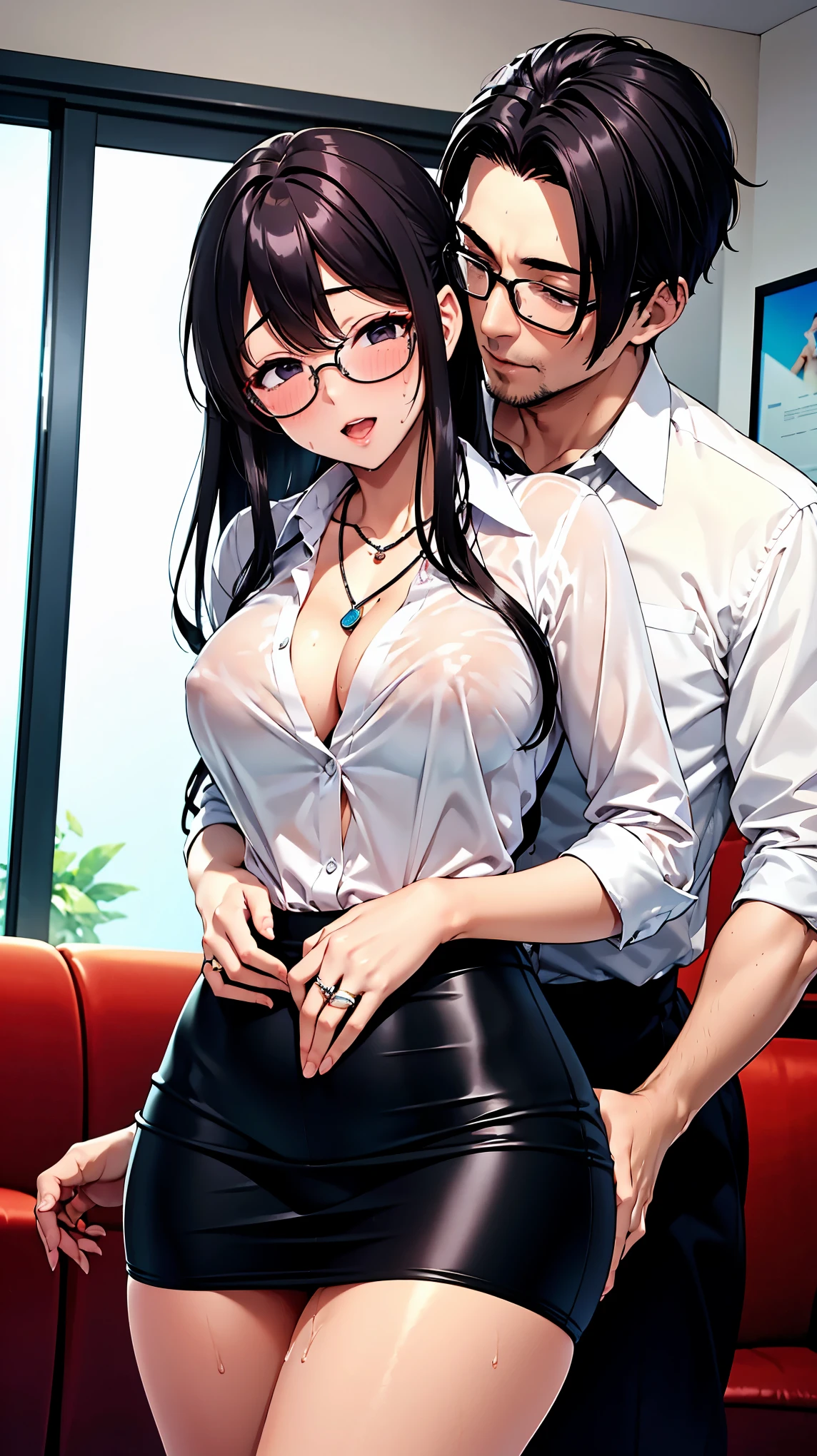 （（super high quality,））（（Ultra-high resolution,））（16K,）（super masterpiece,）（（Ultra HD ,））（Detailed shading,）One sexy married woman,Office Lady,One naked muscular man,（（popped Tight collar White shirts,））Unbutton the third button,Black tight skirt,Looking at this,Glasses,blush,Ahegao,necklace,wedding ring,Sweaty,Flowing Love Juice,A man hugs her from behind,Pitch-black living room,