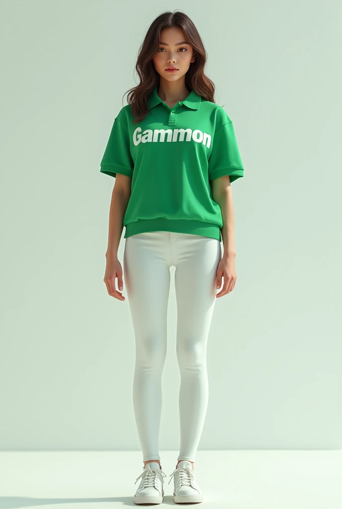 Woman in green polo shirt with gammon written on it with white leggings