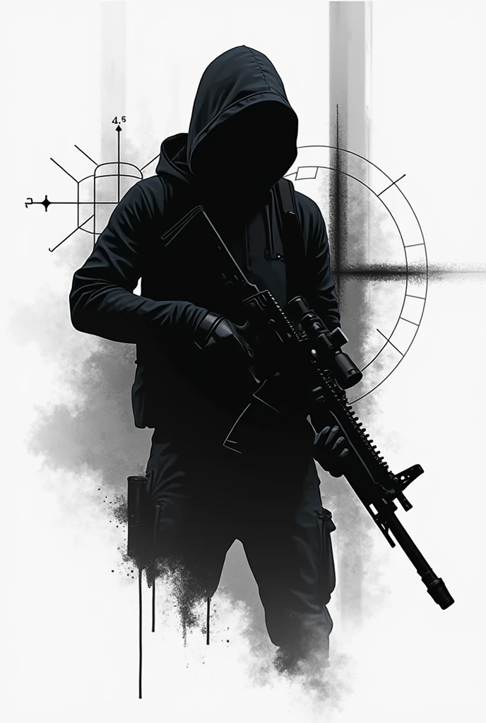 "tryhard" gamer to be featured on a t-shirt. Focus on a sleek silhouette of a gamer holding a weapon, such as a rifle or aiming down sights, with sharp, angular lines that suggest focus and intensity. Incorporate subtle elements like crosshairs or a reticle in the background to enhance the FPS theme. The design should be clean and bold, with minimal details, using a monochrome or limited color palette, while conveying the serious, competitive nature of a "tryhard" FPS player.